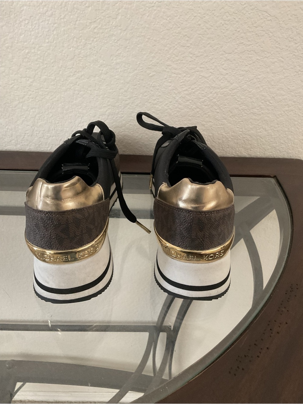 Michael Kors Black and Brown Platform Sneakers with Gold Trim - Picture 5 of 9